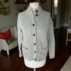 Lands' End Lambswool Cable Knit Fisherman Cardigan Sweater Button Up Women's L